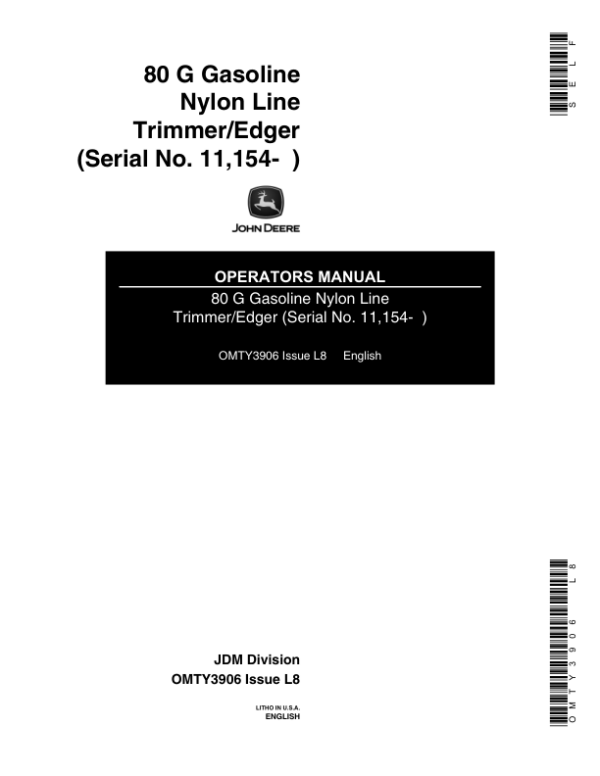 John Deere 80G Gas Trimmer/edger (Subs with OMM122063) Operator’s Manual (OMTY3906) Workshop Guide