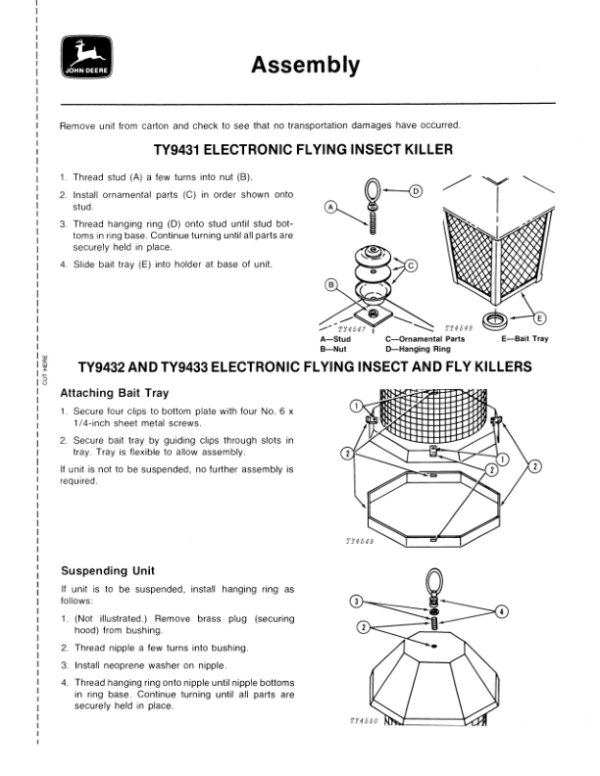 John Deere TY9431, TY9432 & TY9433 Electronic Flying Insect Killers Operator’s Manual (OMTY3912) Workshop Guide