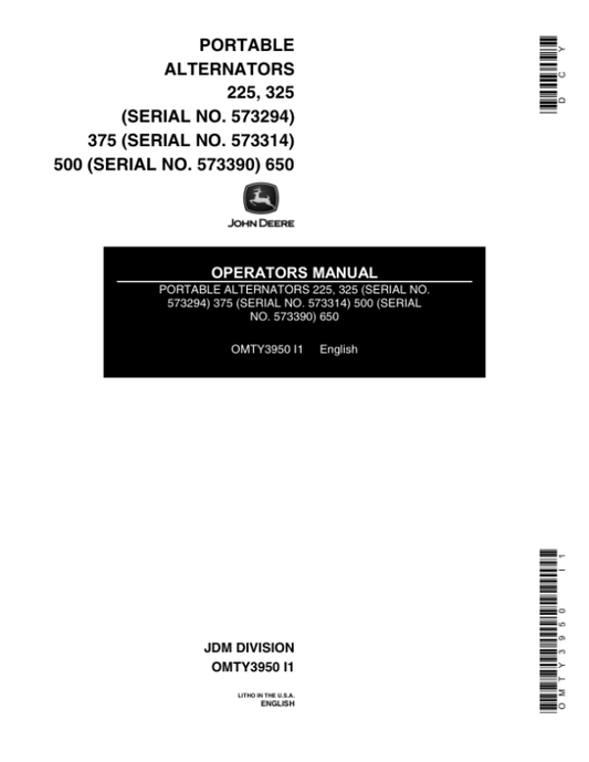 John Deere 225, 325, 375, 500, & 650 Portable Alternators Operator’s Manual (OMTY3950) Workshop Guide