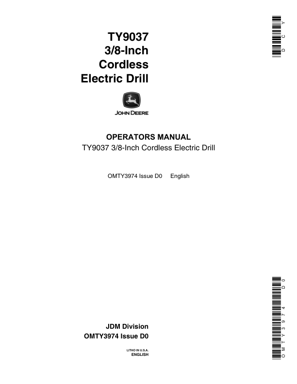 John Deere Electric Drill, TY9037 Operator’s Manual (OMTY3974) Workshop Guide
