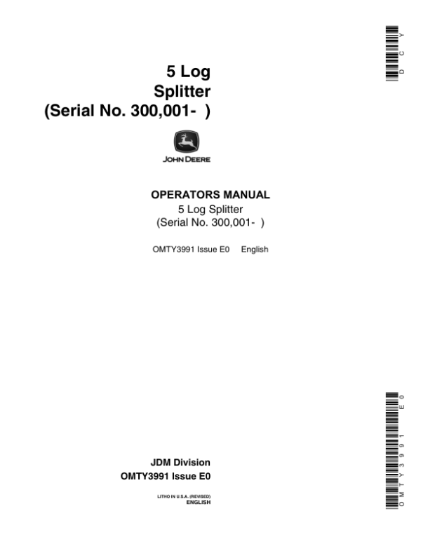 John Deere No. 5 Log Splitter Operator’s Manual (OMTY3991) Workshop Guide