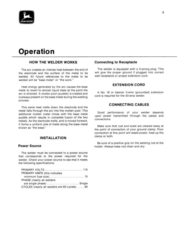 John Deere 50-AMP Welder Operator’s Manual (OMTY4573) Workshop Guide