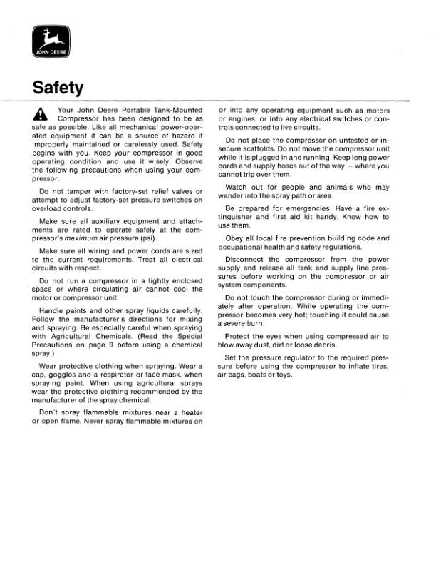 John Deere A75, A100, A200 Portable Air Compressors Operator’s Manual (OMTY4576) Workshop Guide