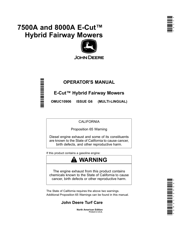 John Deere 7500A, 8000A E-Cut Hybrid Fairway Mowers (North American) Operator’s Manual (OMUC10906) Workshop Guide