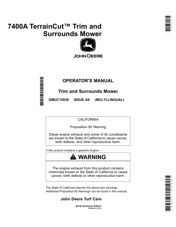 John Deere 7400A TerrainCut Trim, Surrounds Mower (North American) Operator’s Manual (OMUC10938) Workshop Guide