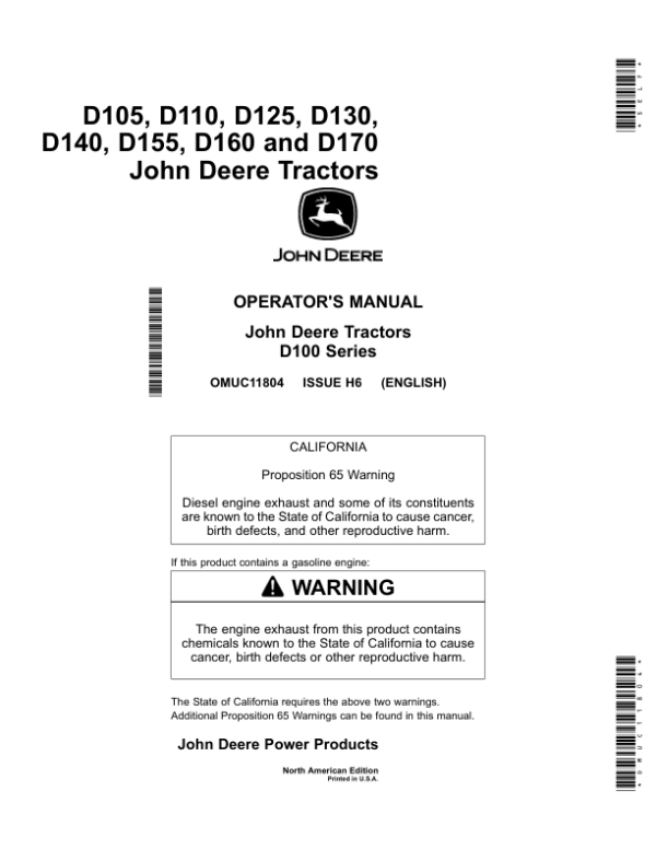 John Deere D105, D110, D125, D130, D140, D155, D160 & D170 Tractors (North American) Operator’s Manual (OMUC11804) Workshop Guide