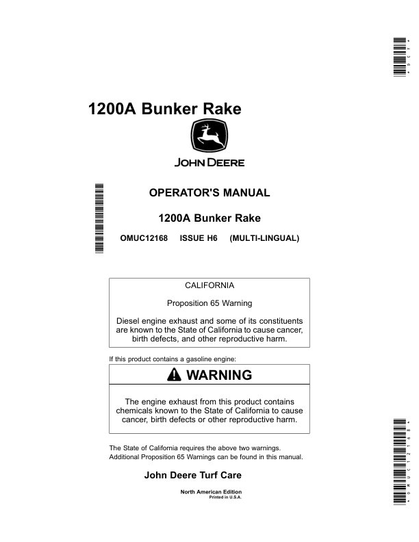 John Deere 1200A Bunker Rake (North American) Operator’s Manual (OMUC12168) Workshop Guide