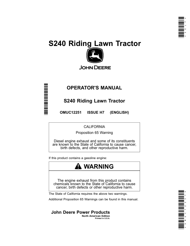 John Deere S240 Riding Lawn Tractor (825001-850000) Operator’s Manual (OMUC12251) Workshop Guide