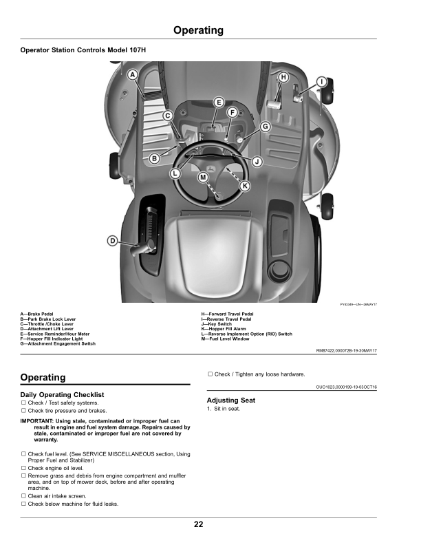 John Deere 92H, 107H & 107S Lawn Tractors Operator’s Manual (OMUC12256) Workshop Guide