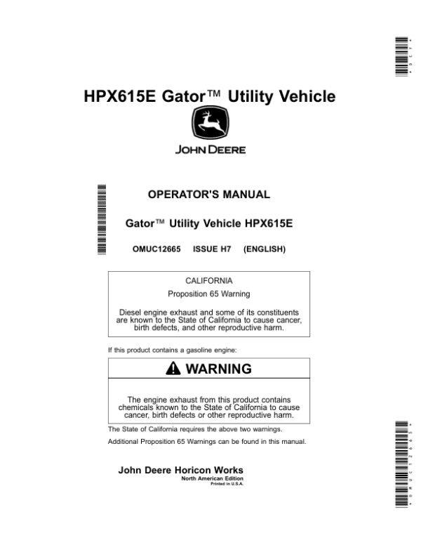 John Deere HPX615E Gator Utility Vehicle Operator’s Manual (OMUC12665) Workshop Guide