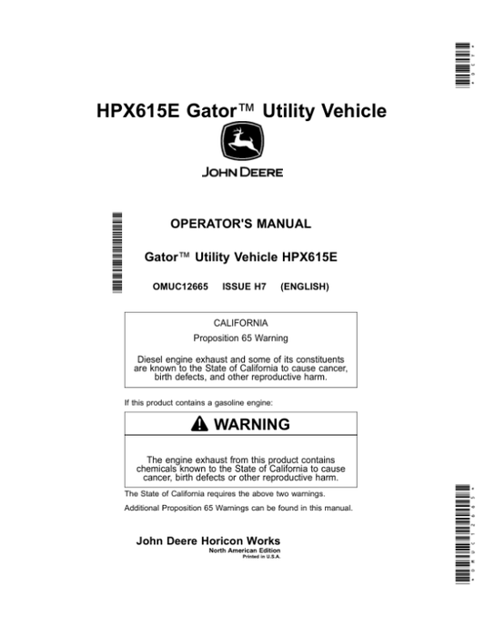 John Deere HPX615E Gator Utility Vehicle Operator’s Manual (OMUC12665) Workshop Guide