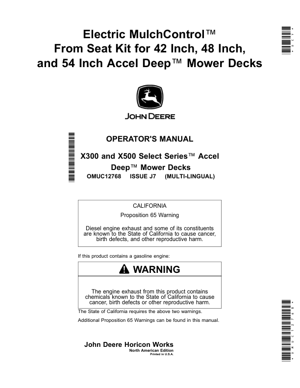 John Deere Electric MulchControl From Seat Kit for 42 Inch, 48 Inch, 54 Inch Accel Deep Mower Decks (North American) Operator’s Manual (OMUC12768) Workshop Guide