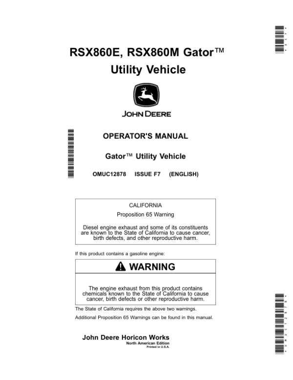 John Deere RSX860E & RSX860M Gator Utility Vehicle Operator’s Manual (OMUC12878) Workshop Guide