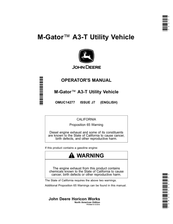 John Deere M-Gator A3-T Utility Vehicles Operator’s Manual (OMUC14277) Workshop Guide