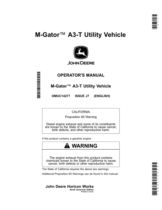 John Deere M-Gator A3-T Utility Vehicles Operator’s Manual (OMUC14277) Workshop Guide