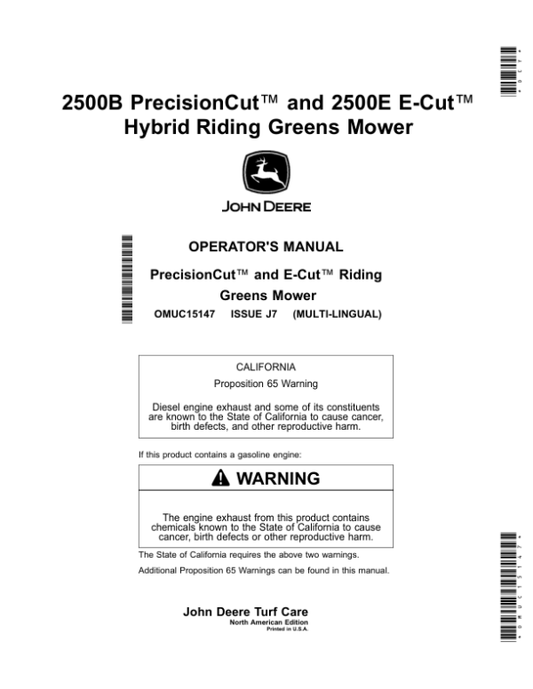 John Deere 2500B PrecisionCut, 2500E E-Cut Hybrid Riding Greens Mower (North American) Operator’s Manual (OMUC15147) Workshop Guide