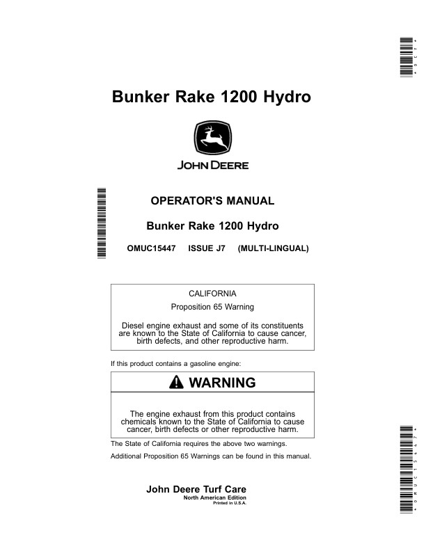 John Deere Bunker Rake 1200 Hydro (North American) Operator’s Manual (OMUC15447) Workshop Guide