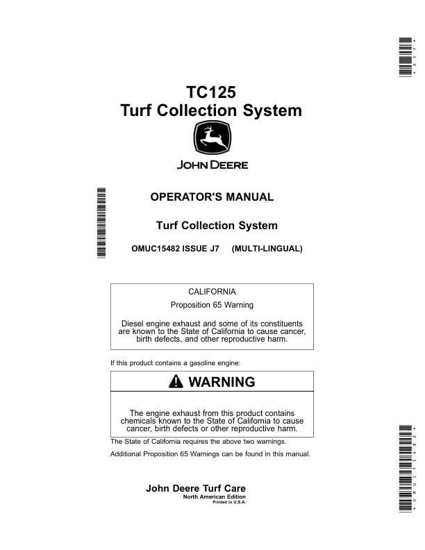John Deere TC125Turf Collection System (North American) Operator’s Manual (OMUC15482) Workshop Guide