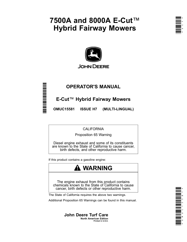 John Deere 7500A, 8000A E-Cut Hybrid Fairway Mowers (North American) Operator’s Manual (OMUC15581) Workshop Guide