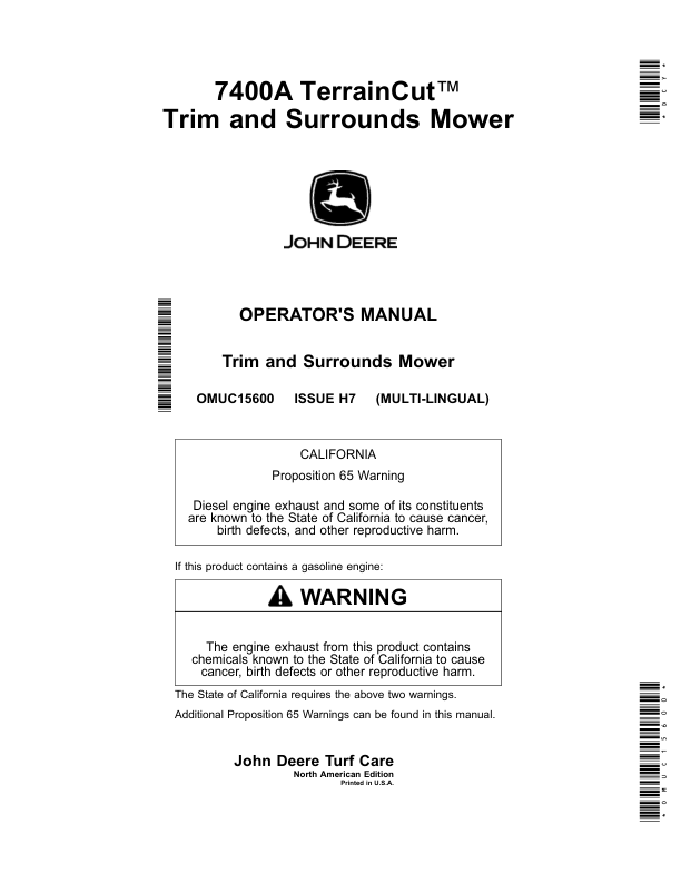 John Deere 7400A TerrainCut Trim, Surrounds Mower (North American) Operator’s Manual (OMUC15600) Workshop Guide