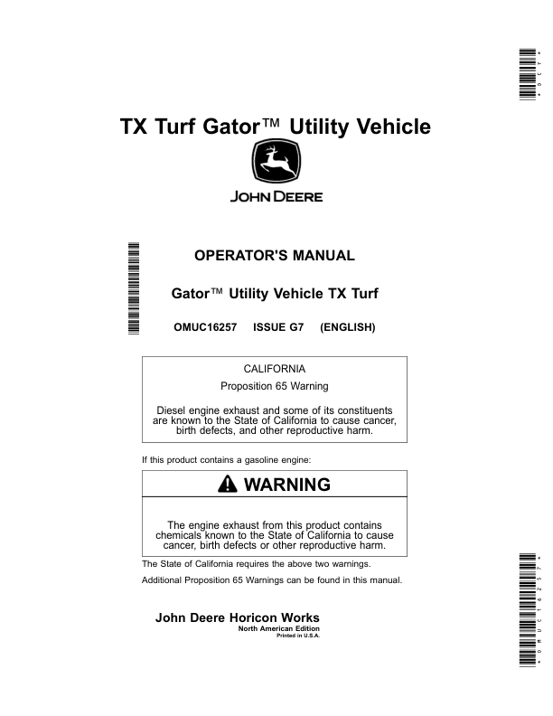 John Deere TX Turf Gator Utility Vehicles Kawasaki FJ400 Gas Engine Operator’s Manual (OMUC16257) Workshop Guide
