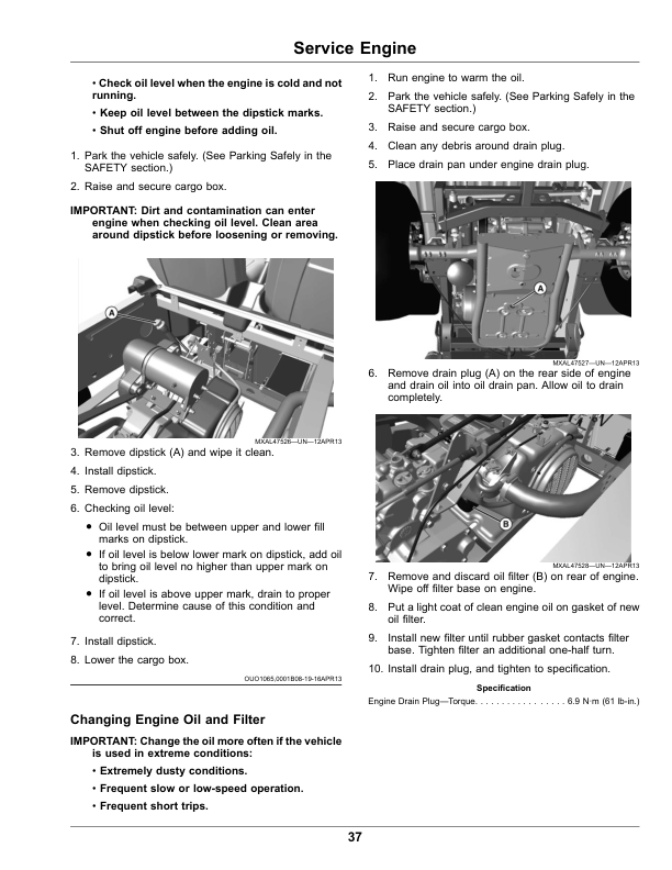 John Deere TX Turf Gator Utility Vehicles Kawasaki FJ400 Gas Engine Operator’s Manual (OMUC16257) Workshop Guide