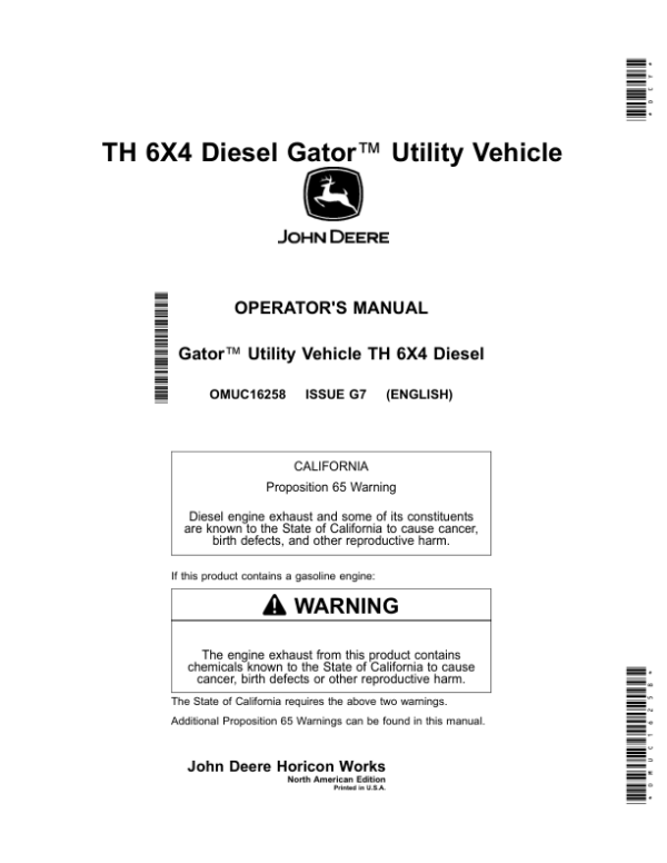 John Deere TH 6X4 Diesel Gator Utility Vehicle Operator’s Manual (OMUC16258) Workshop Guide