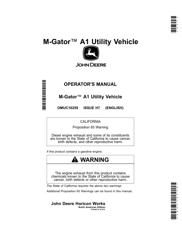 John Deere M-Gator A1 Utility Vehicle Operator’s Manual (OMUC16259) Workshop Guide