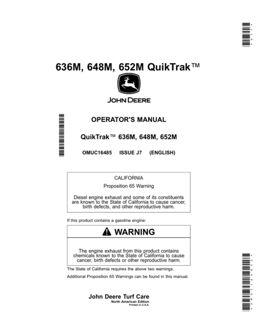 John Deere 636M, 648M, 652M QuikTrak Mowers (North America) (060001-) Operator’s Manual (OMUC16485E) Workshop Guide