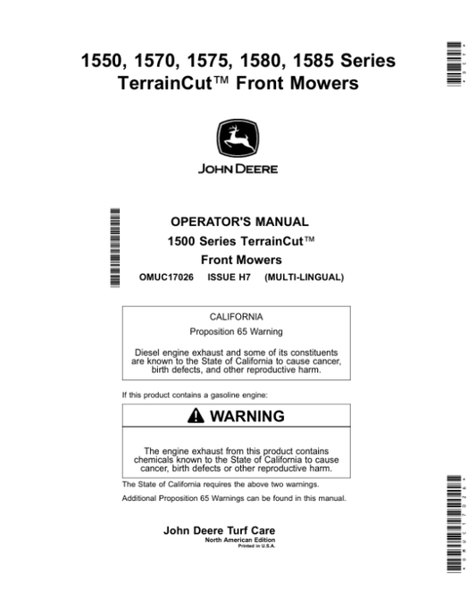 John Deere 1550, 1570, 1575, 1580, 1585 Series TerrainCut Front Mowers (040001-050000),(North American), Multi-Lingual Document: ENG/SPA Operator’s Manual (OMUC17026) Workshop Guide