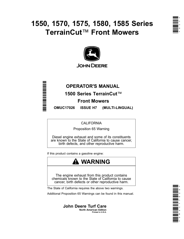 John Deere 1550, 1570, 1575, 1580, 1585 Series TerrainCut Front Mowers (040001-050000),(North American), Multi-Lingual Document: ENG/SPA Operator’s Manual (OMUC17026) Workshop Guide