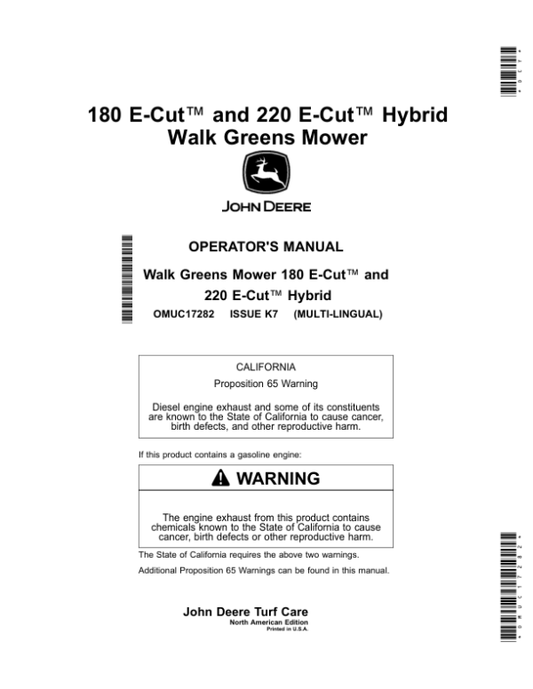 John Deere 180 E-Cut, 220 E-Cut Hybrid Walk Greens Mower (North American) Operator’s Manual (OMUC17282) Workshop Guide