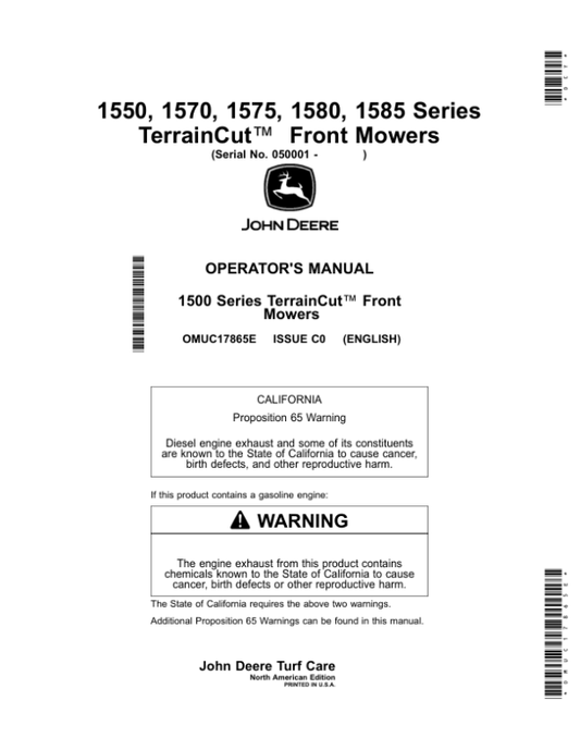 John Deere 1550, 1570, 1575, 1580, 1585 Series TerrainCut Front Mowers (050001-070000) Operator’s Manual (OMUC17865E) Workshop Guide