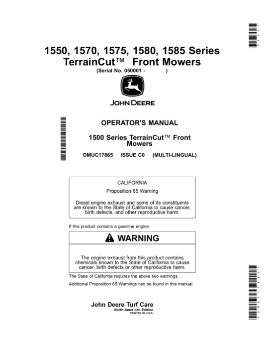 John Deere 1550, 1570, 1575, 1580, 1585 Series TerrainCut Front Mowers (050001-070000) (North American) Multi-Lingual Document: ENG/SPA Operator’s Manual (OMUC17865) Workshop Guide