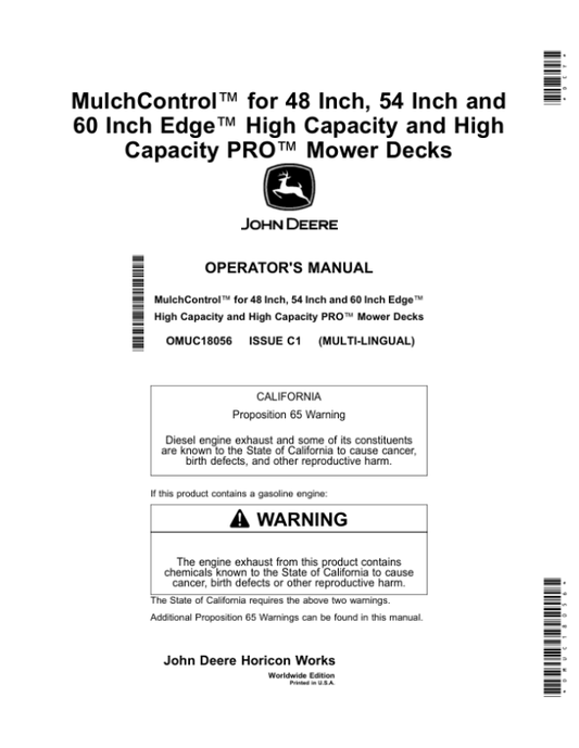 John Deere MulchControl for 48 Inch, 54 Inch, 60Inch Edge High Capacity, High Capacity PRO Mower Decks (Worldwide Edition) Operator’s Manual (OMUC18056) Workshop Guide