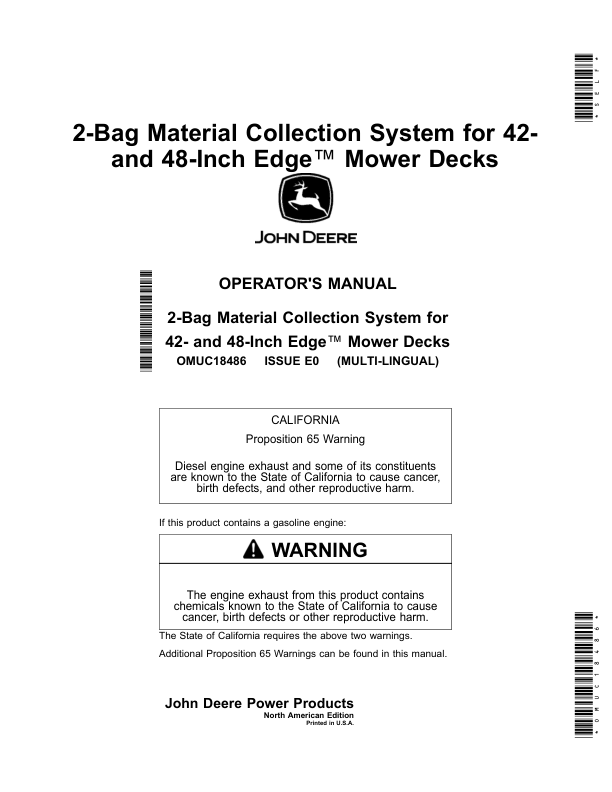 John Deere 2-Bag Material Collection System for 42-, 48-Inch Edge Mower Decks (North American) Operator’s Manual (OMUC18486) Workshop Guide
