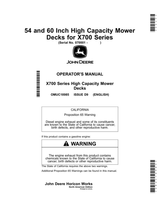 John Deere 54 & 60 Inch High Capacity Mower Decks forX700 Series Operator’s Manual (OMUC18985) Workshop Guide