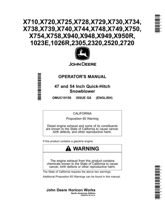John Deere 47 & 54 Inch Quick Hitch Snowblower Operator’s Manual (OMUC19158) Workshop Guide
