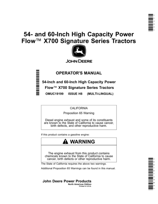 John Deere 54-, 60-Inch High Capacity Power Flow X700 Signature Series Tractors (North American) Operator’s Manual (OMUC19199) Workshop Guide