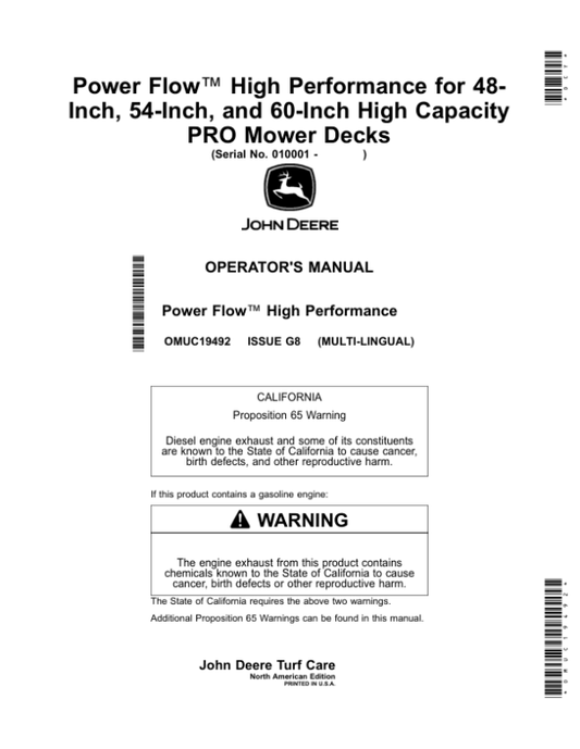 John Deere Power Flow High Performance for 48-Inch, 54-Inch, 60-Inch High Capacity PRO Mower Decks (010001-),(North American) Operator’s Manual (OMUC19492) Workshop Guide