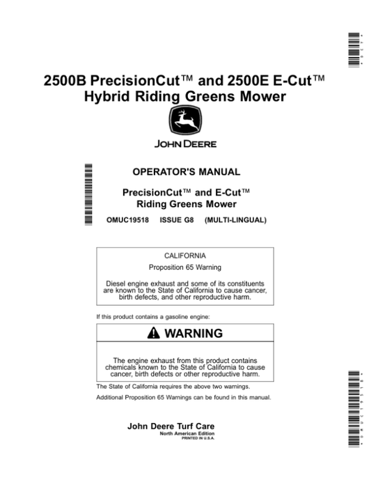 John Deere 2500B PrecisionCut, 2500E E-Cut HybridRiding Greens Mower (North American) Operator’s Manual (OMUC19518) Workshop Guide