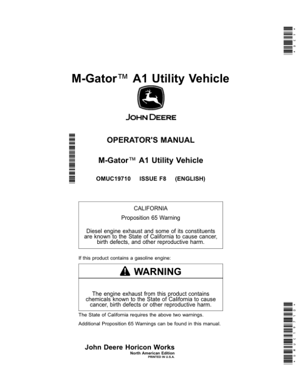 John Deere M-Gator A1 Utility Vehicles Operator’s Manual (OMUC19710) Workshop Guide