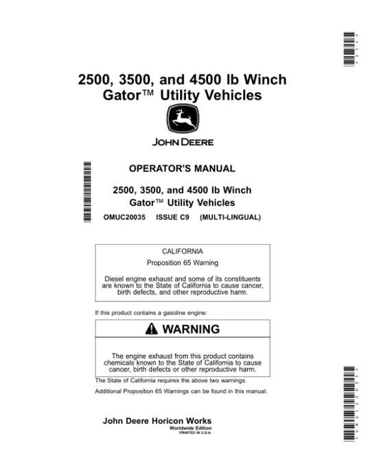 John Deere 2500, 3500, 4500 lb WinchGator Utility Vehicles (Worldwide Edition) Operator’s Manual (OMUC20035) Workshop Guide