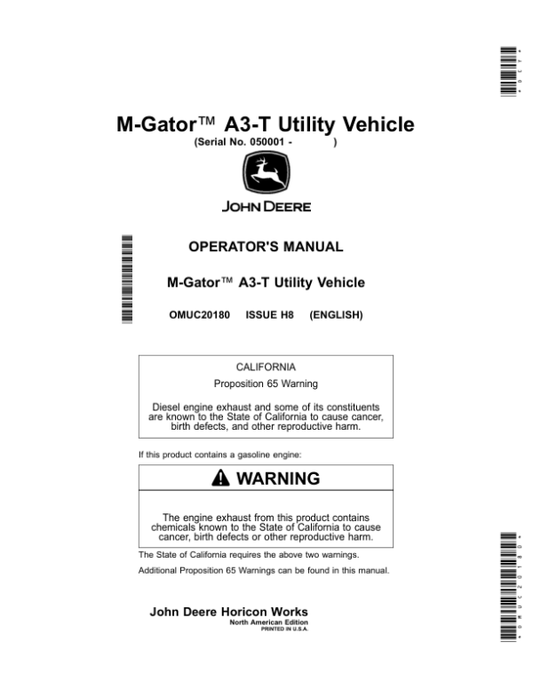 John Deere M-Gator A3-T Utility Vehicles Operator’s Manual (OMUC20180) Workshop Guide