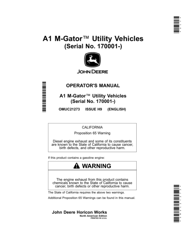 John Deere M-Gator A1 Utility Vehicles Operator’s Manual (OMUC21273) Workshop Guide
