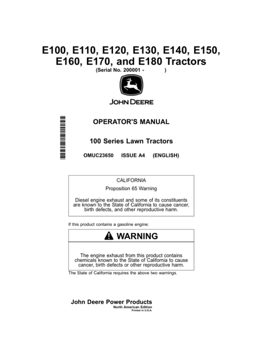 John Deere E100, E110, E120, E130, E140, E150, E160, E170, E180 Tractors Operator’s Manual (OMUC23650) Workshop Guide