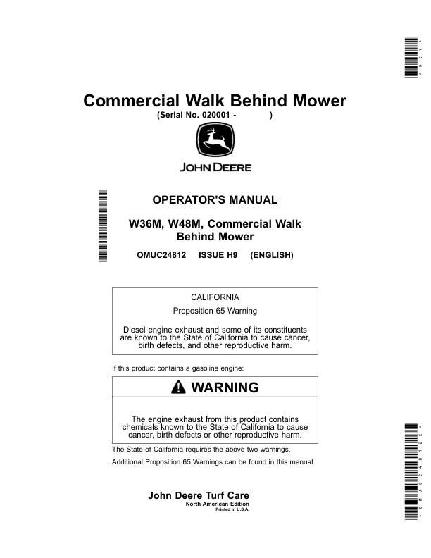 John Deere W36M, W48M Commercial Walk Behind Mower (020001-) Operator’s Manual (OMUC24812E) Workshop Guide