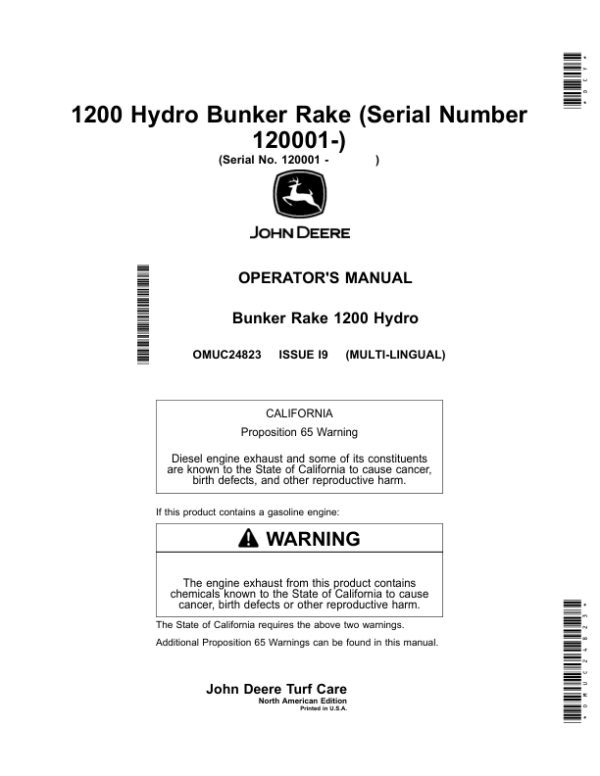 John Deere 1200 Hydro Bunker Rake (Serial Number 120001-) (North American) Operator’s Manual (OMUC24823) Workshop Guide