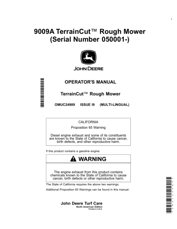 John Deere 9009A TerrainCut Rough Mower (050001-) (North America Edition) Operator’s Manual (OMUC24989) Workshop Guide