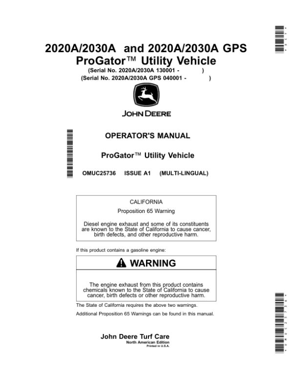 John Deere 2020A/2030A, 2020A/2030A GPS ProGator Utility Vehicle (North American) Operator’s Manual (OMUC25736) Workshop Guide